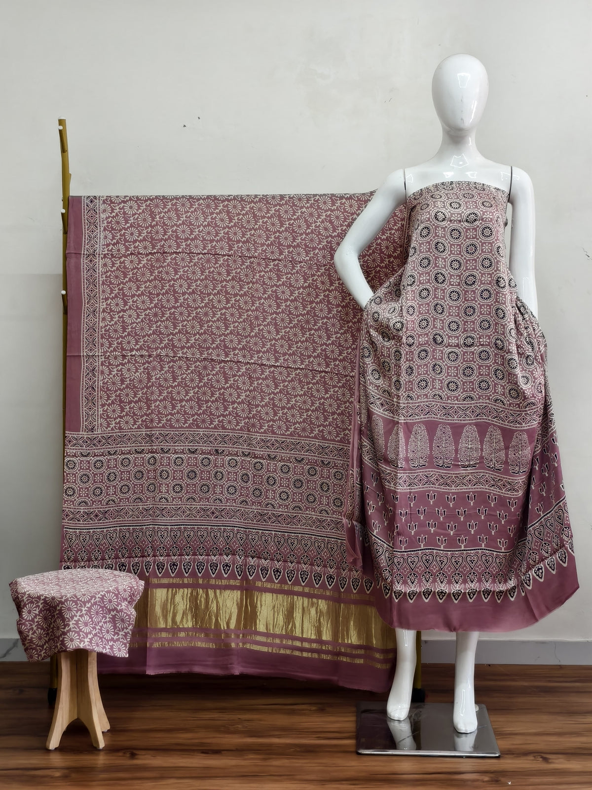 Havi Modal Silk Ajrakh Neptol Dye & Discharge Print Panel Design 3-Piece Suit - The Ajrakh Studio