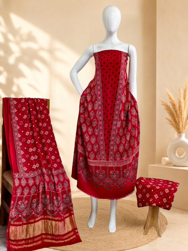 Premium Ajrakh Hand Block Print Modal Silk 3-Piece Suit Set with Zari Pallu Dupatta
