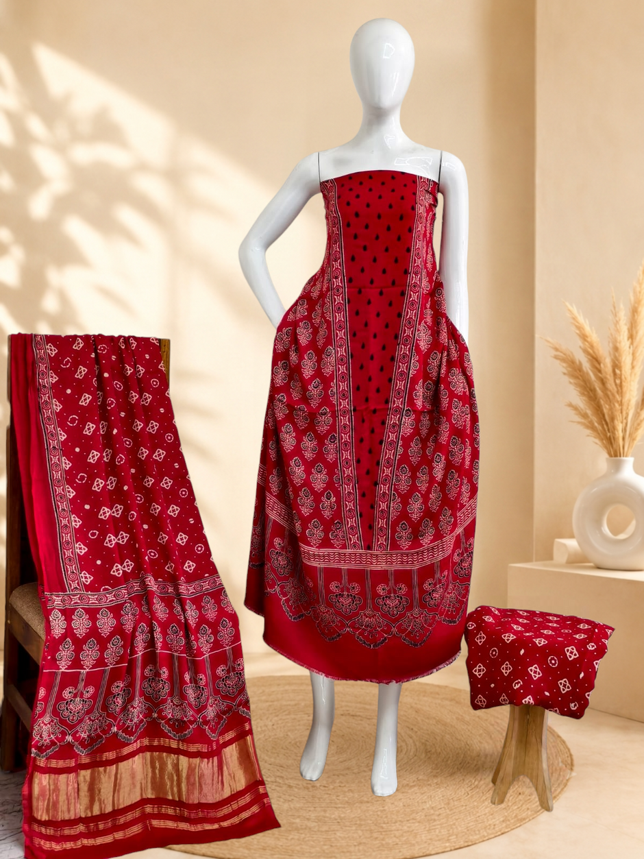 Premium Ajrakh Hand Block Print Modal Silk 3-Piece Suit Set with Zari Pallu Dupatta