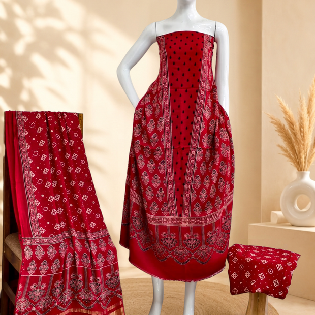 Premium Ajrakh Hand Block Print Modal Silk 3-Piece Suit Set with Zari Pallu Dupatta