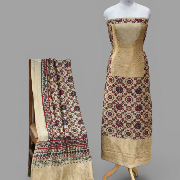 Premium Dola Silk Ajrakh Hand Block Print Natural Dye 2-Piece Suit with Zari Border Dupatta