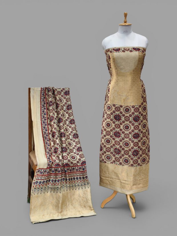 Premium Dola Silk Ajrakh Hand Block Print Natural Dye 2-Piece Suit with Zari Border Dupatta