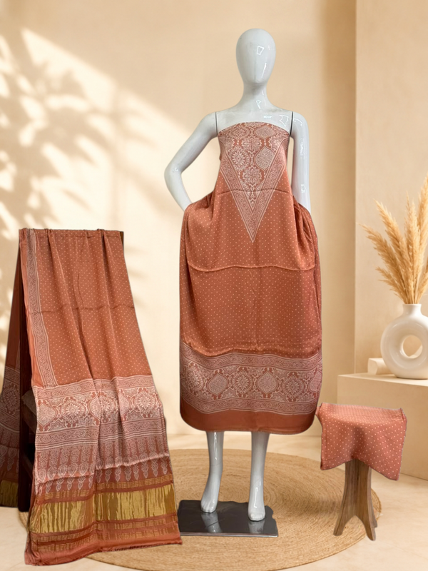 Premium Ajrakh Hand Block Print Modal Silk 3-Piece Suit Set with Zari Pallu Dupatta