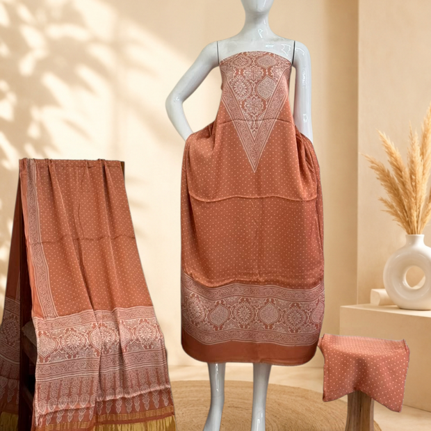 Premium Ajrakh Hand Block Print Modal Silk 3-Piece Suit Set with Zari Pallu Dupatta
