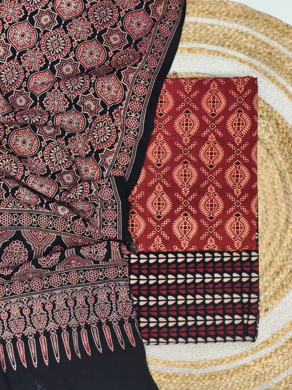 Pure Cotton Ajrakh Screen Print Natural Dye 3-Piece Suit 05 - The Ajrakh Studio