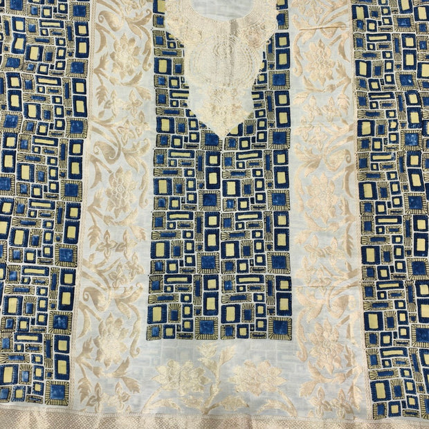 Premium Dola Silk Ajrakh Hand Block Print Natural Dye 2-Piece Suit with Zari Border Dupatta