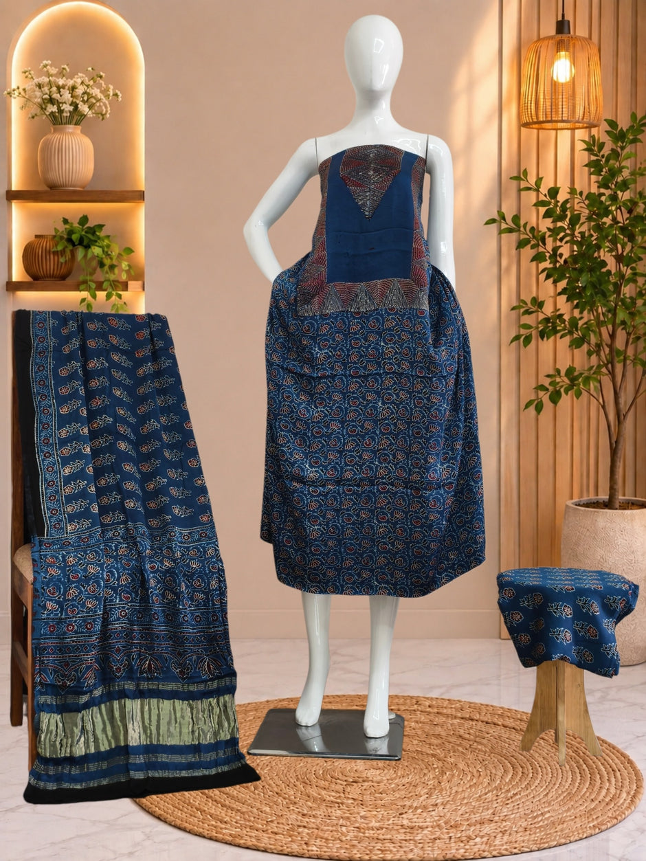 Ajrakh Hand Block Print Natural Dye Pure Modal Silk 3 Piece Suit with Zari Pallu Dupatta