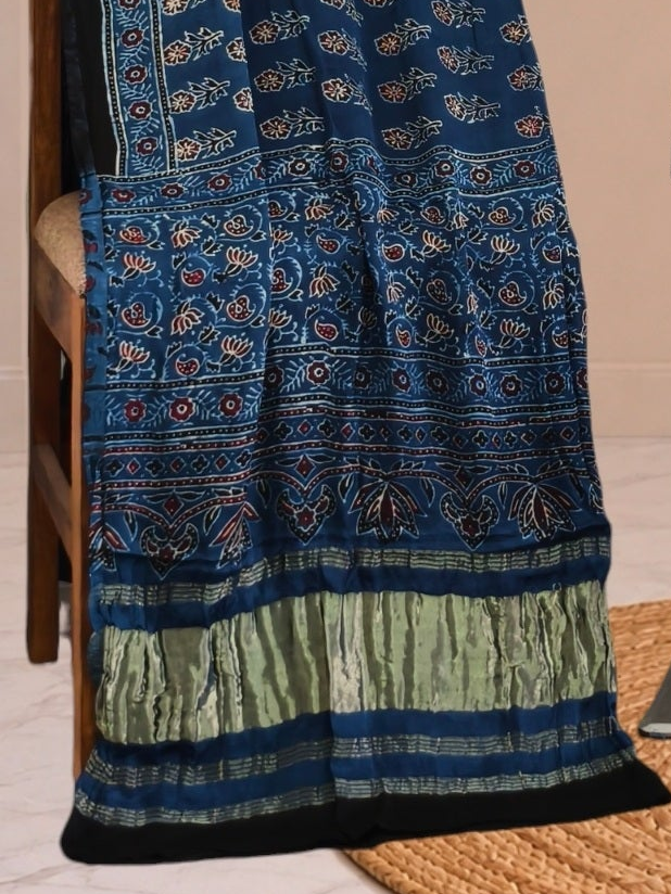 Ajrakh Hand Block Print Natural Dye Pure Modal Silk 3 Piece Suit with Zari Pallu Dupatta