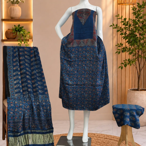 Ajrakh Hand Block Print Natural Dye Pure Modal Silk 3 Piece Suit with Zari Pallu Dupatta