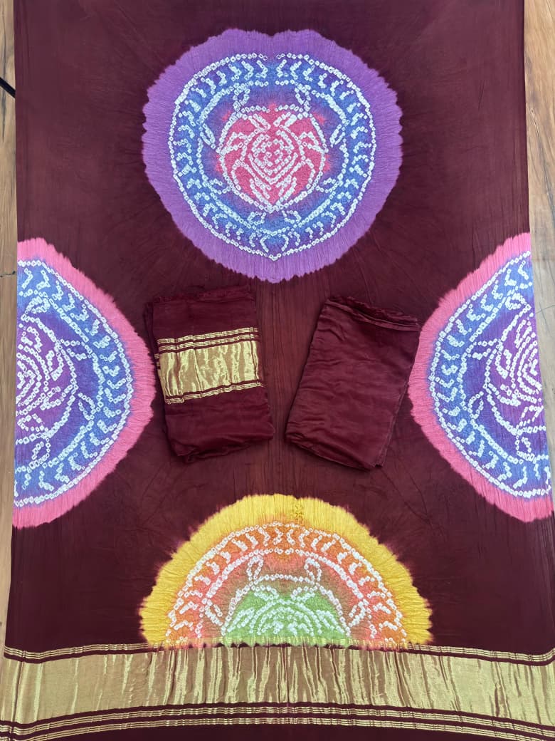Modal Silk Bandhani Multi Color Zari Pallu Suit 09 - The Ajrakh Studio