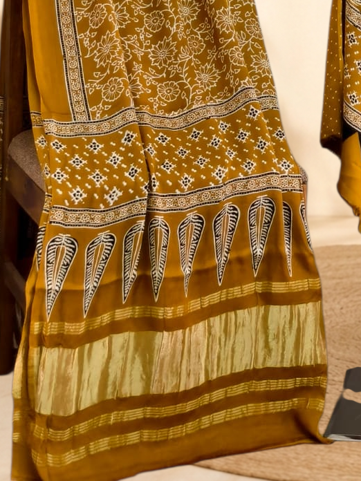 Premium Ajrakh Hand Block Print Modal Silk 3-Piece Suit Set with Zari Pallu Dupatta