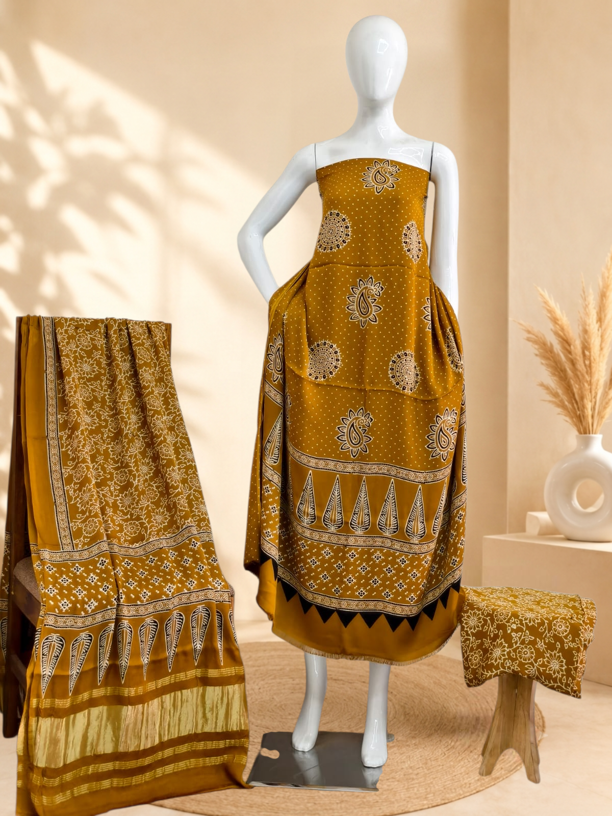 Premium Ajrakh Hand Block Print Modal Silk 3-Piece Suit Set with Zari Pallu Dupatta