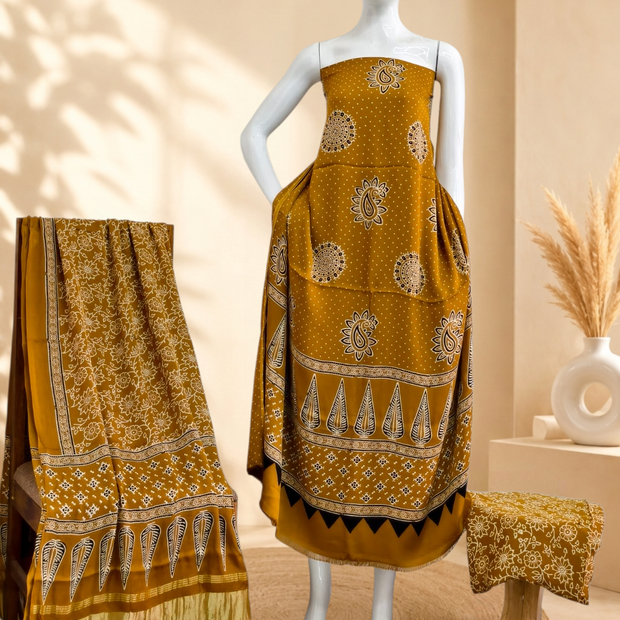 Premium Ajrakh Hand Block Print Modal Silk 3-Piece Suit Set with Zari Pallu Dupatta