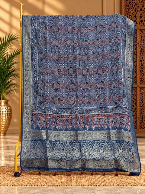 Dola Silk Ajrakh Hand Block Print Natural Dye Dupatta - The Ajrakh Studio