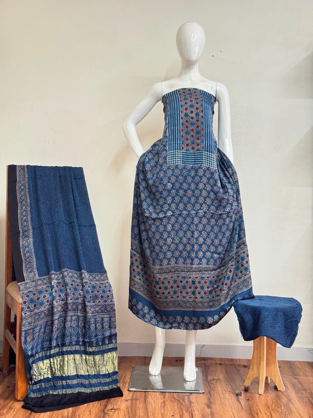Ajrakh Hand Block Print Natural Dye Pure Modal Silk 3 Piece Suit with Zari Pallu Dupatta