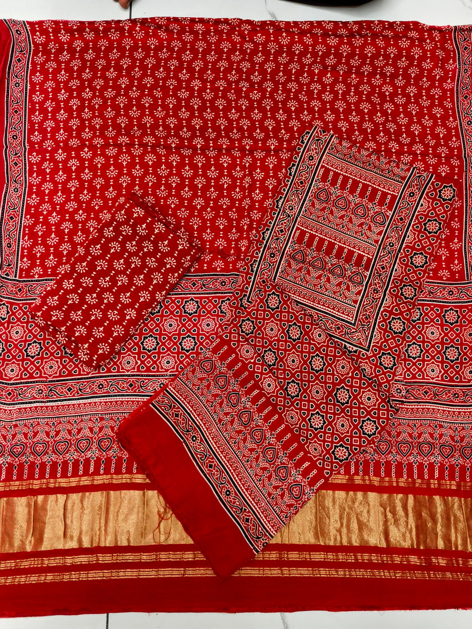 Premium Ajrakh Hand Block Print Modal Silk 3-Piece Suit Set with Zari Pallu Dupatta