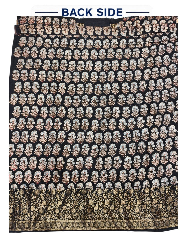 Premium Dola Silk Ajrakh Hand Block Print Natural Dye 2-Piece Suit with Zari Border Dupatta
