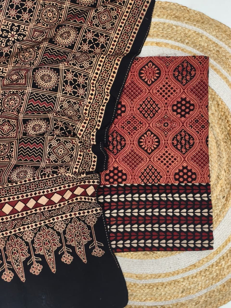 Pure Cotton Ajrakh Screen Print Natural Dye 3-Piece Suit 10 - The Ajrakh Studio