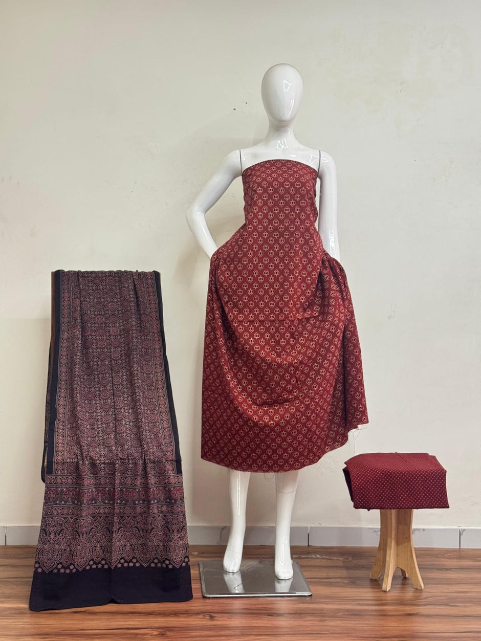 Pure Cotton Ajrakh Screen Print Natural Dye 3-Piece Suit 19 - The Ajrakh Studio
