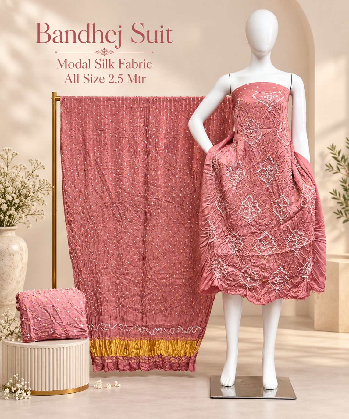Premium Barik Bandhej Modal Silk 3-Piece Suit with Tissue Pallu - The Ajrakh Studio