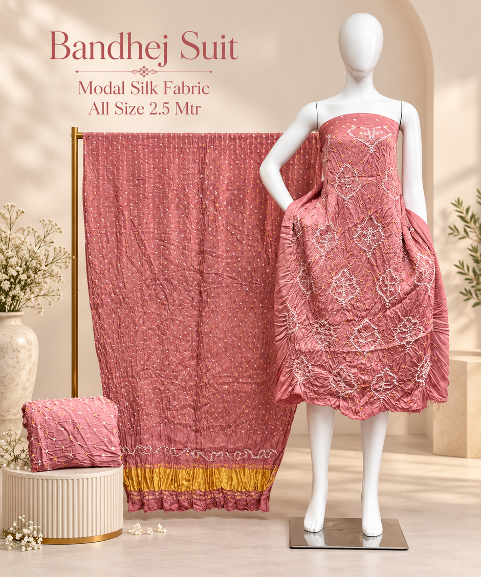 Premium Barik Bandhej Modal Silk 3-Piece Suit with Tissue Pallu - The Ajrakh Studio