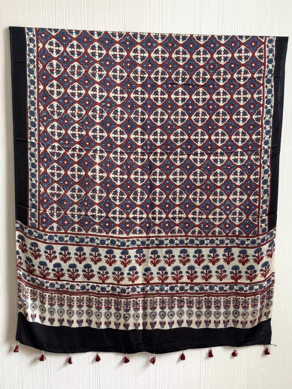 Ajrakh Modal Silk Natural Dye Dupatta with Tassels 03 - The Ajrakh Studio