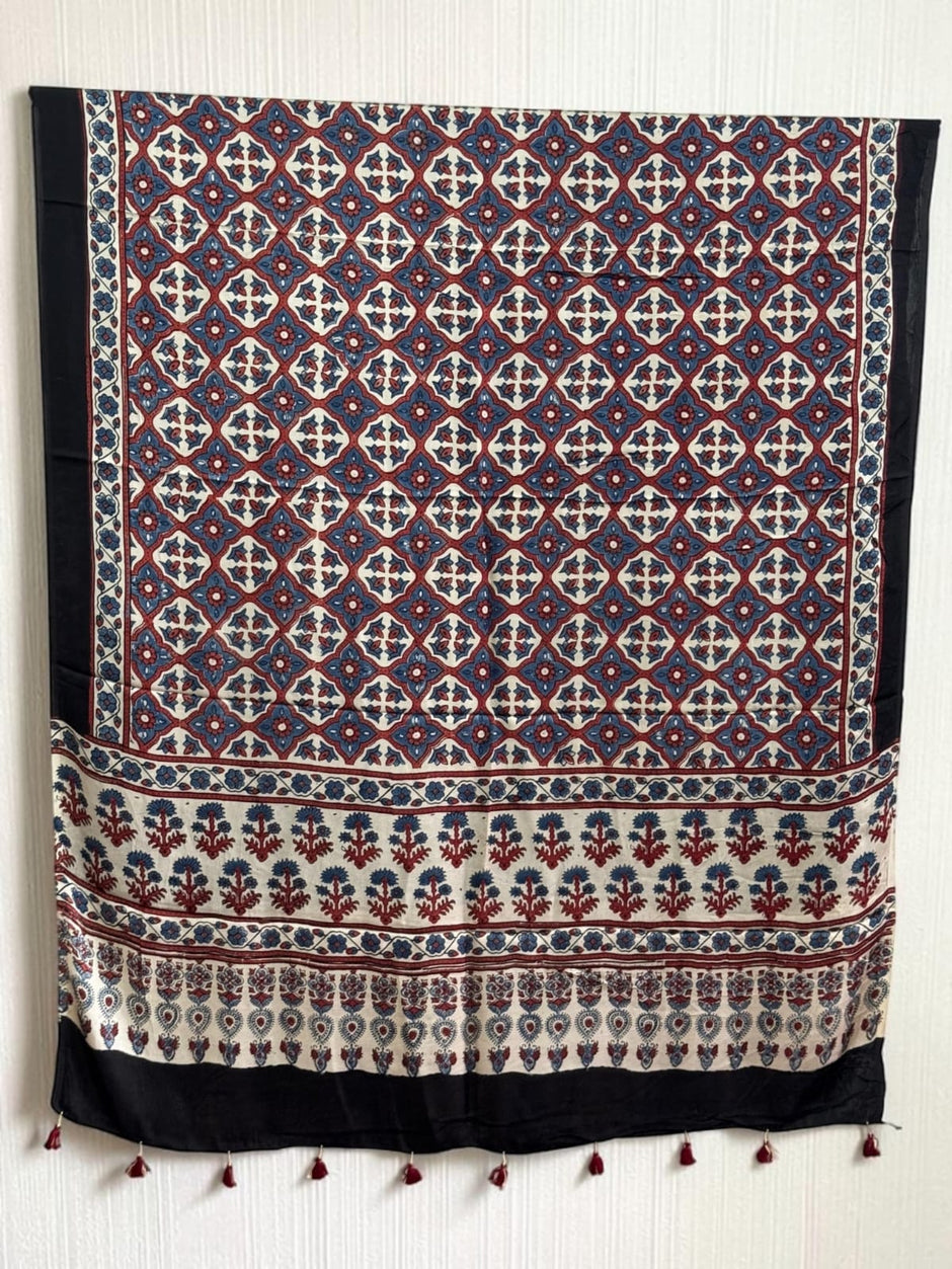 Ajrakh Modal Silk Natural Dye Dupatta with Tassels 03 - The Ajrakh Studio