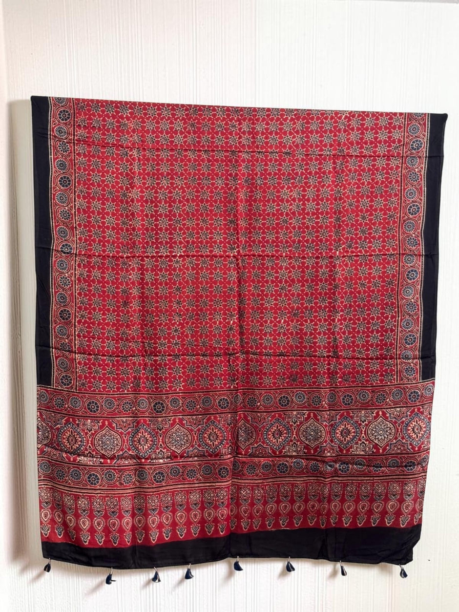 Ajrakh Modal Silk Natural Dye Dupatta with Tassels 27 - The Ajrakh Studio