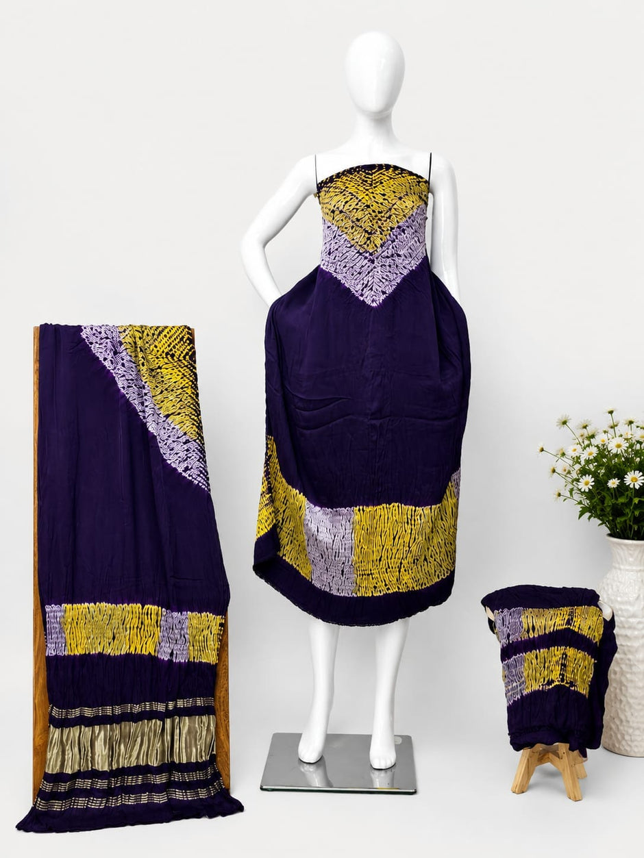 Modal Silk Multi Shibori Neck Daman Patta Zari Pallu Suit 08 - The Ajrakh Studio