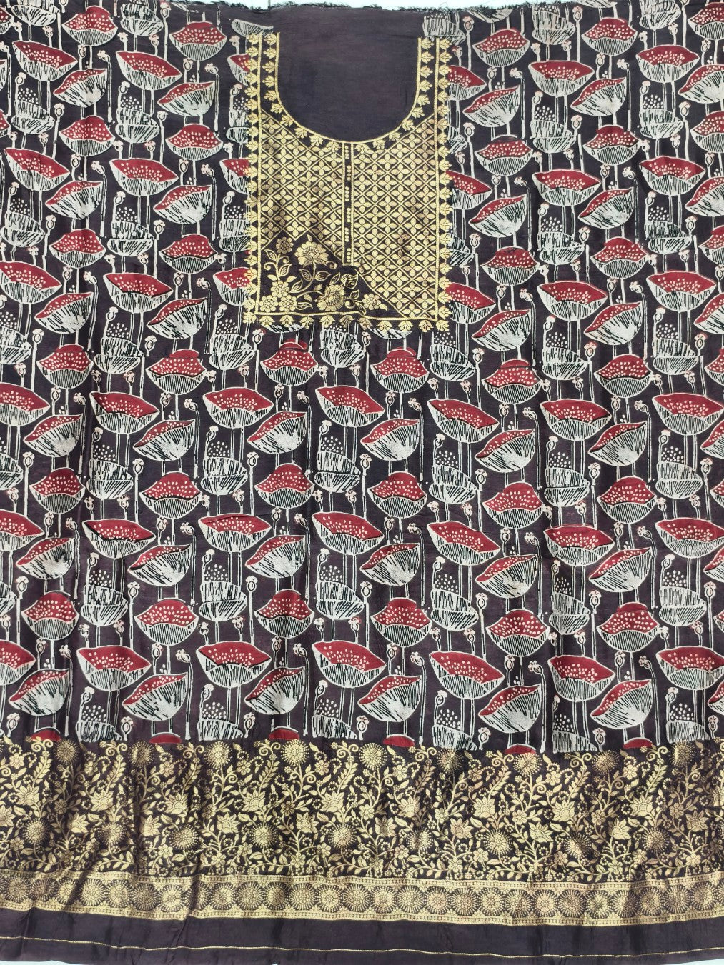 Premium Dola Silk Ajrakh Hand Block Print Natural Dye 2-Piece Suit with Zari Border Dupatta