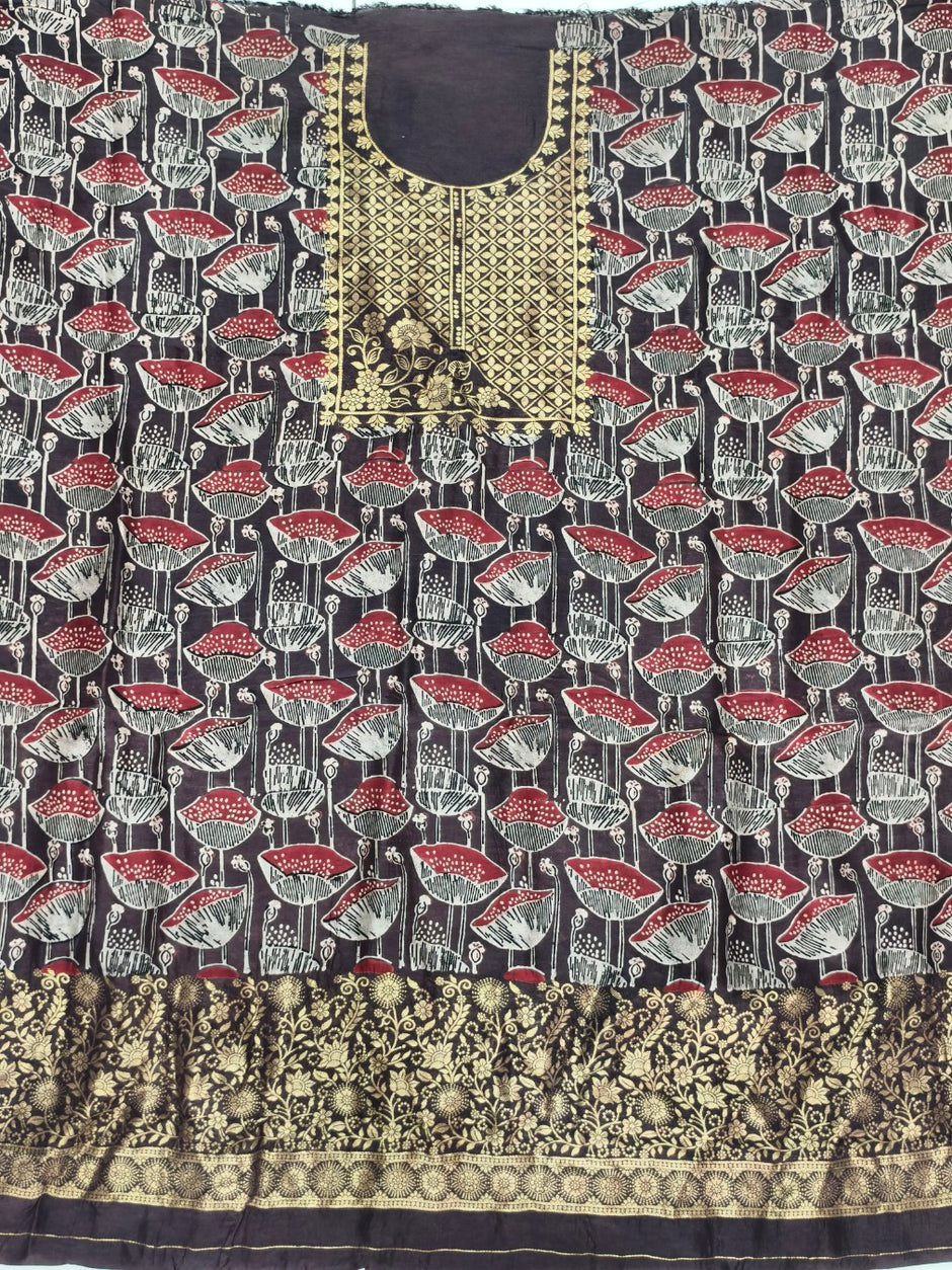 Premium Dola Silk Ajrakh Hand Block Print Natural Dye 2-Piece Suit with Zari Border Dupatta