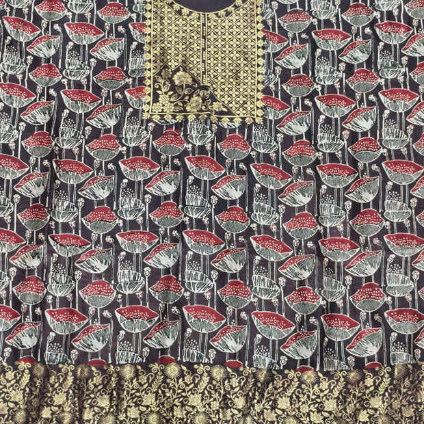 Premium Dola Silk Ajrakh Hand Block Print Natural Dye 2-Piece Suit with Zari Border Dupatta