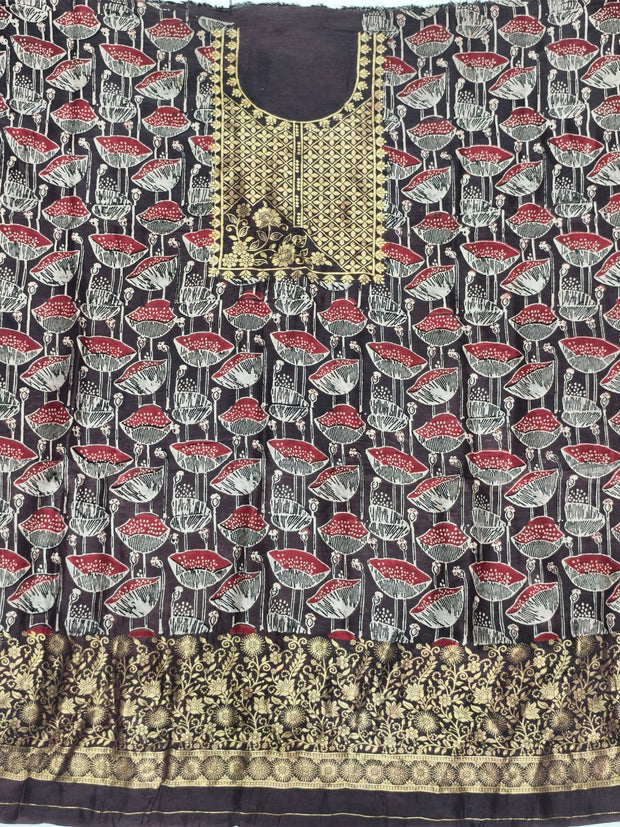 Premium Dola Silk Ajrakh Hand Block Print Natural Dye 2-Piece Suit with Zari Border Dupatta
