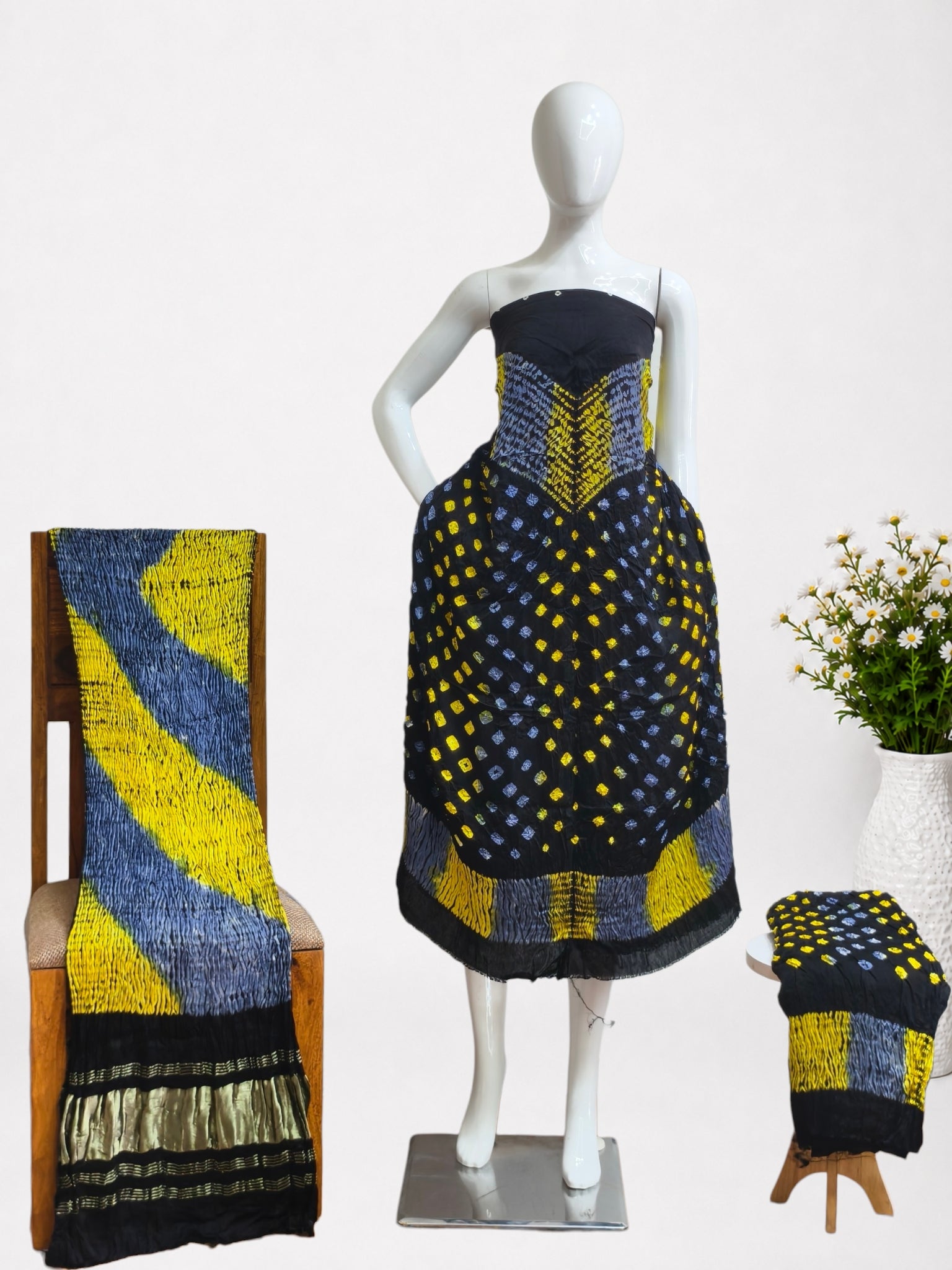 Multi-Color Shibori Modal Silk Unstitched Suit with Bandhani Border & Zari Dupatta