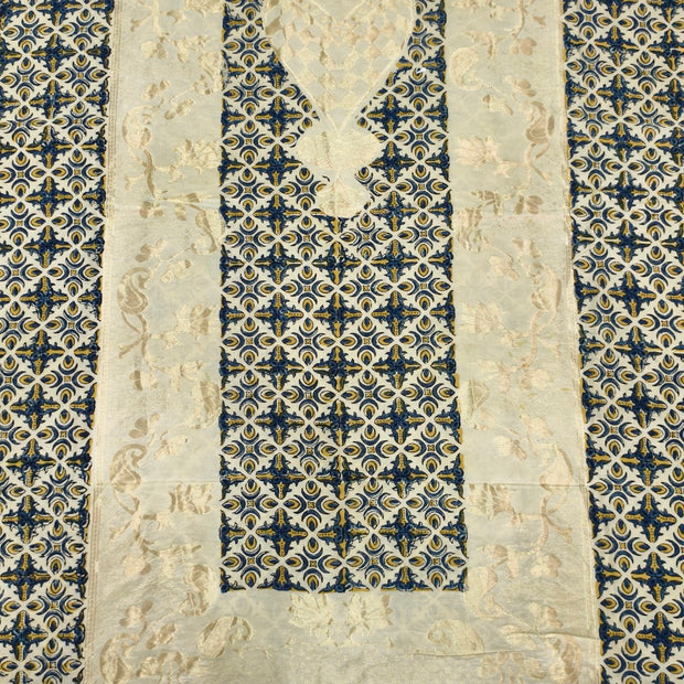 Premium Dola Silk Ajrakh Hand Block Print Natural Dye 2-Piece Suit with Zari Border Dupatta