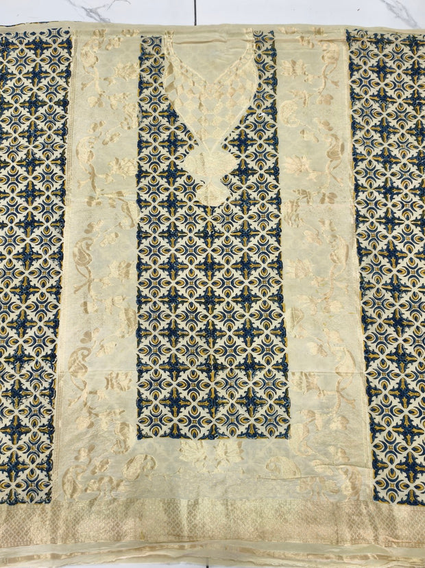 Premium Dola Silk Ajrakh Hand Block Print Natural Dye 2-Piece Suit with Zari Border Dupatta
