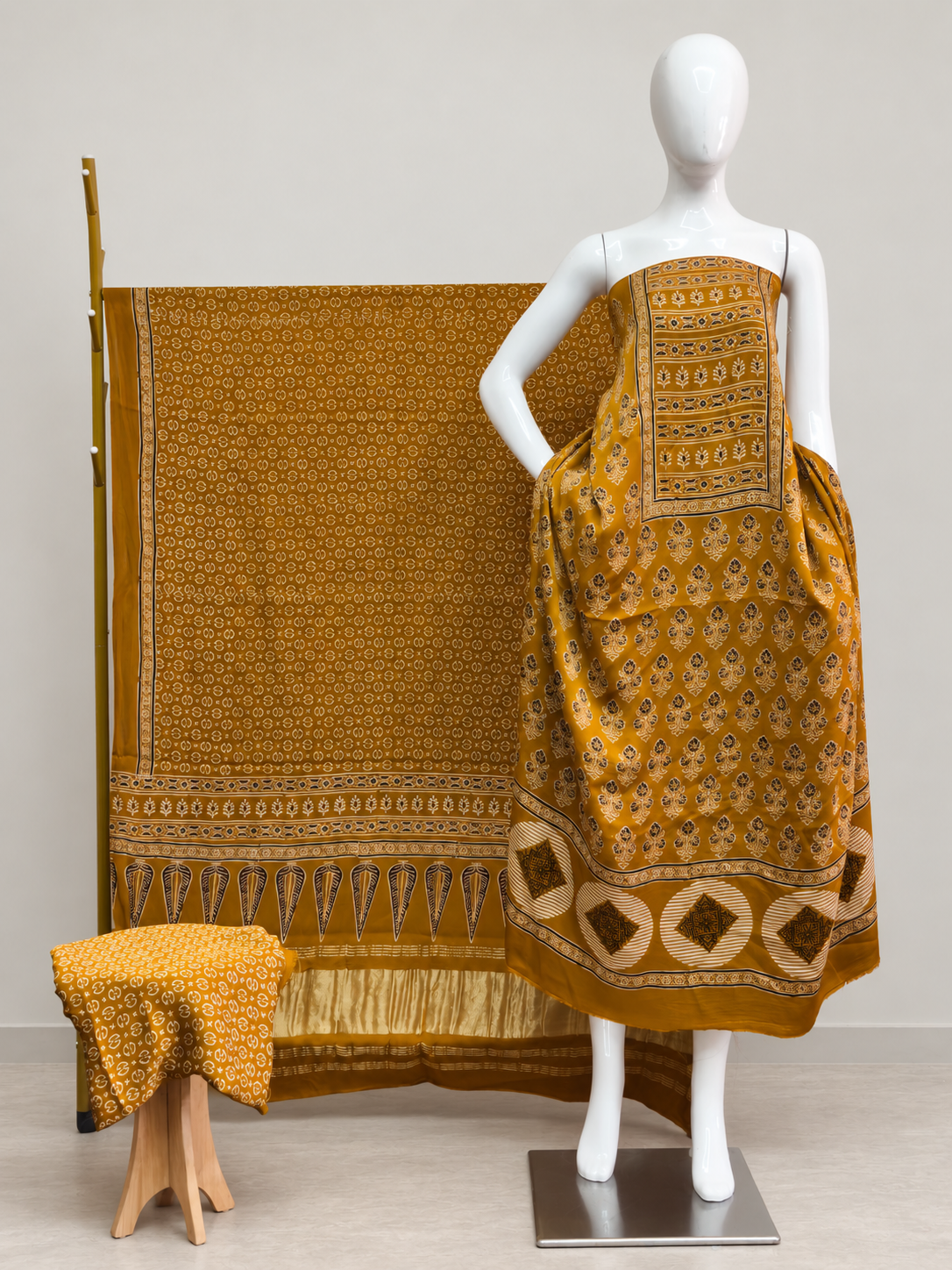 Havi Modal Silk Ajrakh Neptol Dye & Discharge Print Panel Design 3-Piece Suit - The Ajrakh Studio