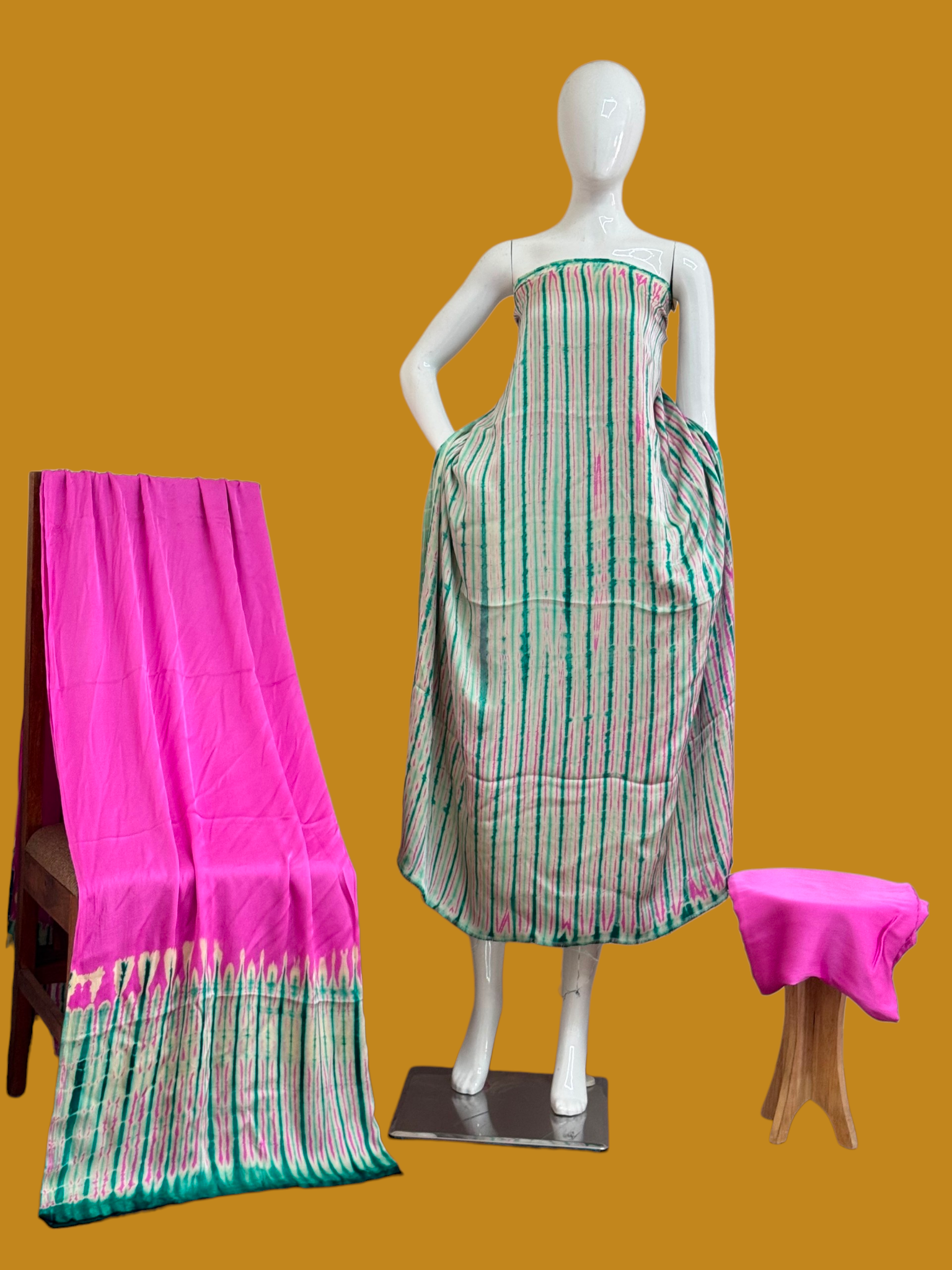Pure Modal Silk Handcrafted Tie-Dye Suit Set with Plain Bottom