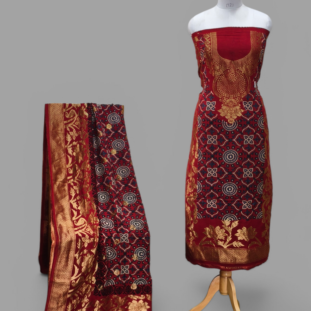 Premium Dola Silk Ajrakh Hand Block Print Natural Dye 2-Piece Suit with Zari Border Dupatta
