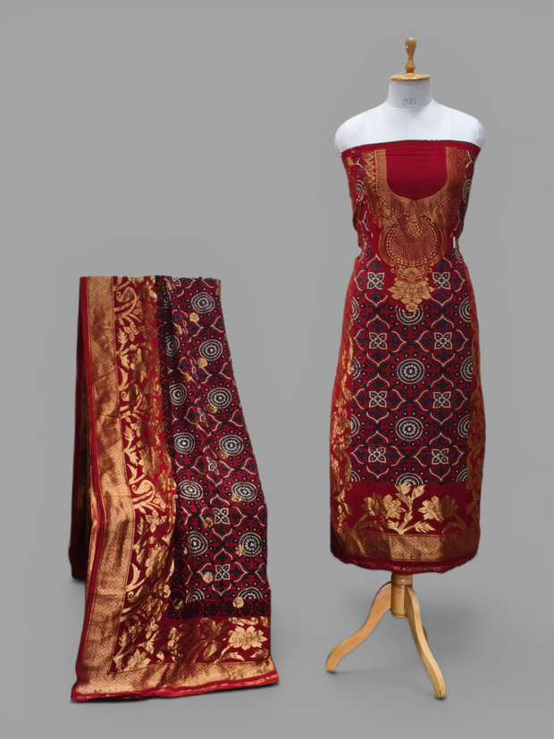Premium Dola Silk Ajrakh Hand Block Print Natural Dye 2-Piece Suit with Zari Border Dupatta