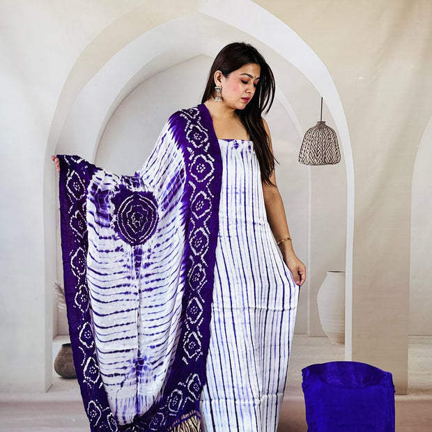 Purple & White Modal Silk Tie & Dye Bandhani Dupatta 3 Piece Suits