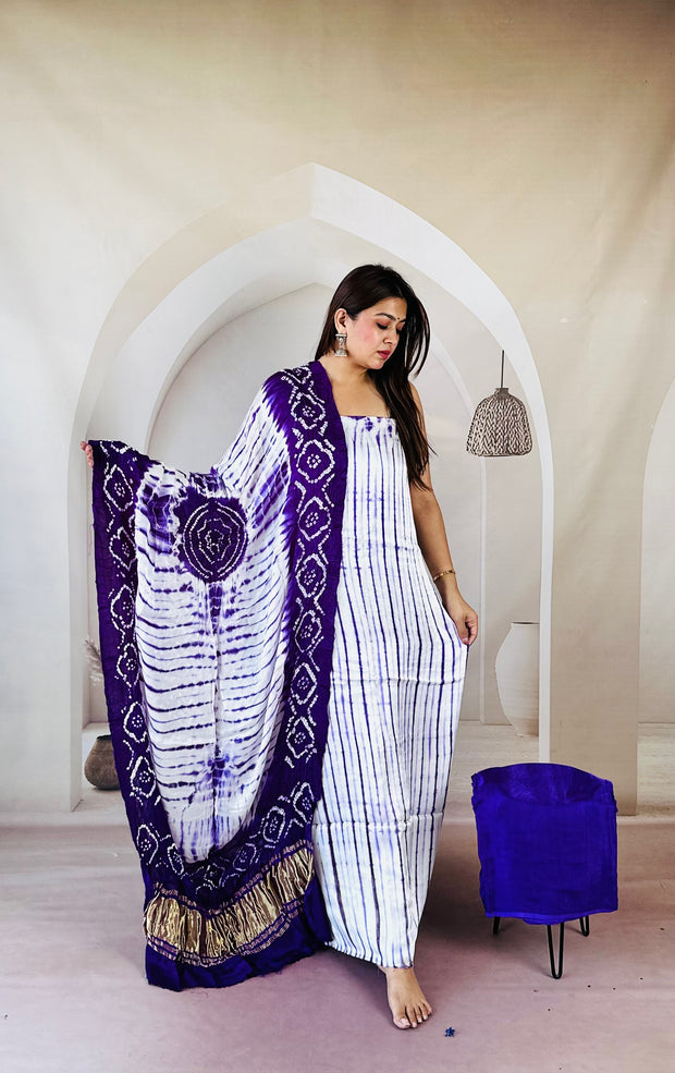 Purple & White Modal Silk Tie & Dye Bandhani Dupatta 3 Piece Suits