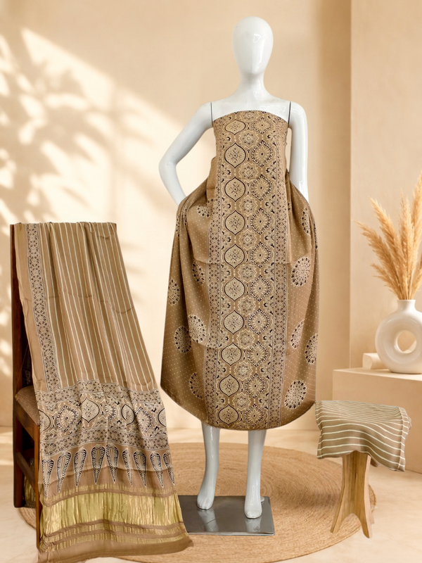 Premium Ajrakh Hand Block Print Modal Silk 3-Piece Suit Set with Zari Pallu Dupatta