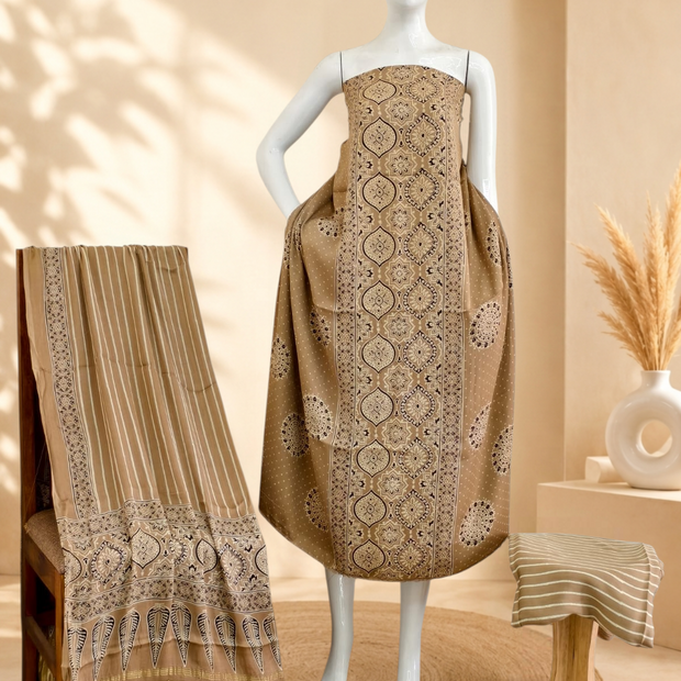 Premium Ajrakh Hand Block Print Modal Silk 3-Piece Suit Set with Zari Pallu Dupatta