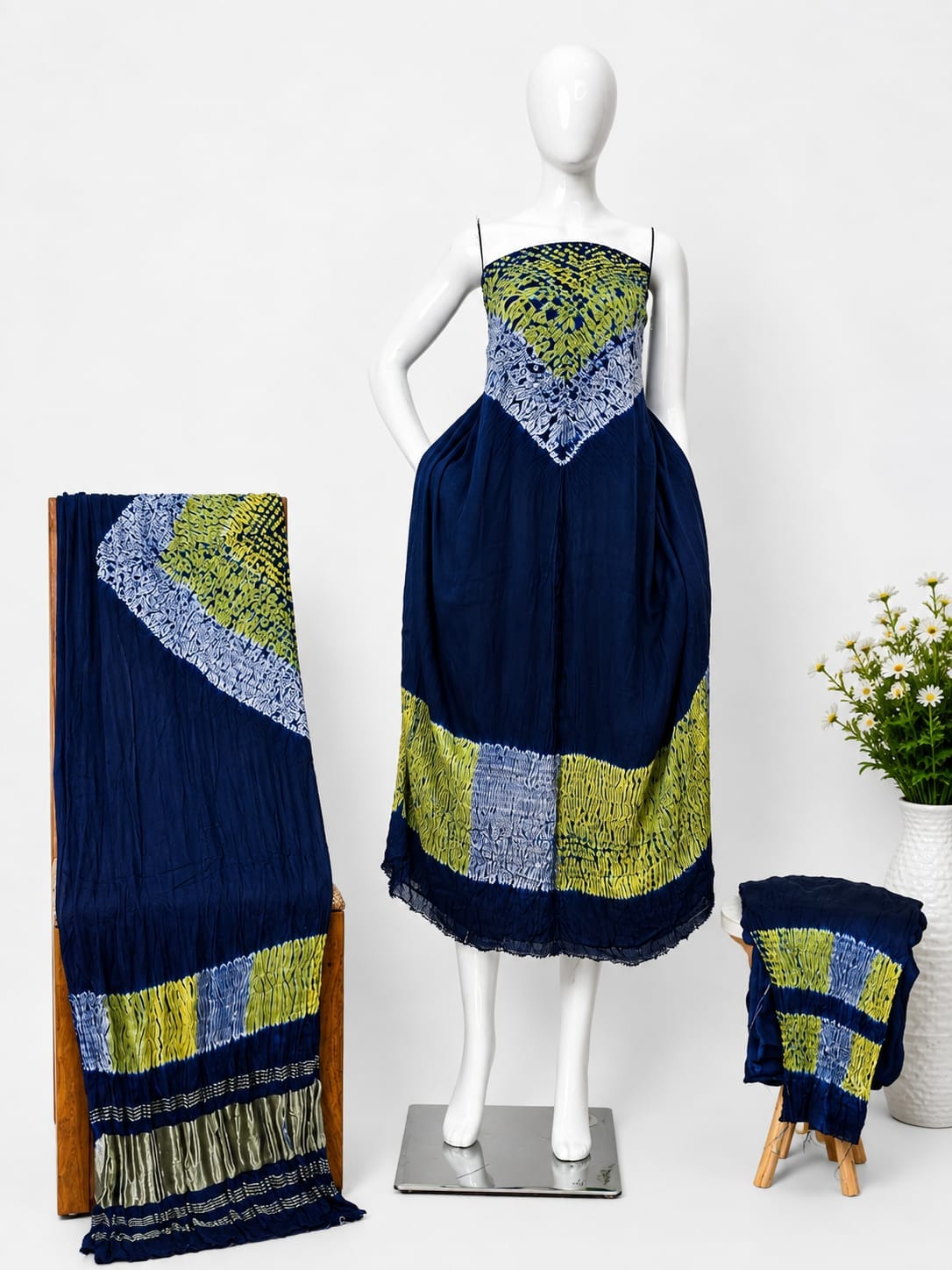 Modal Silk Multi Shibori Neck Daman Patta Zari Pallu Suit 07 - The Ajrakh Studio