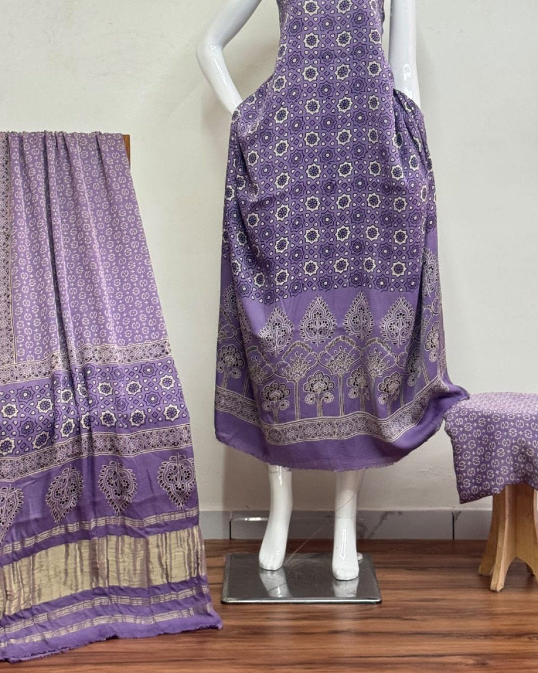 TAS Auto Crop Lower - Havi Modal Silk Ajrakh Neptol Dye Discharge Print Panel Suit 02