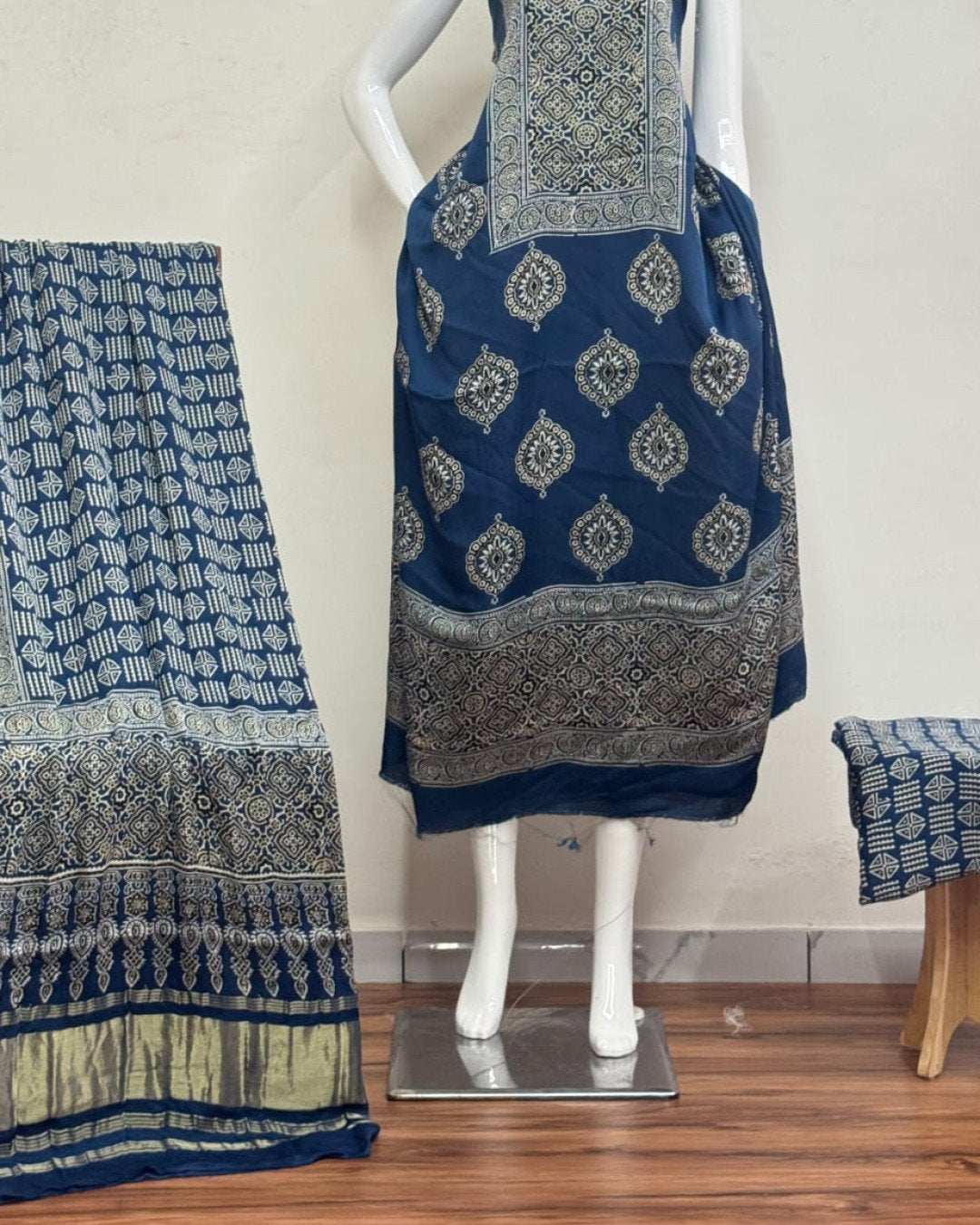 TAS Auto Crop Lower - Havi Modal Silk Ajrakh Neptol Dye Discharge Print Panel Suit 04