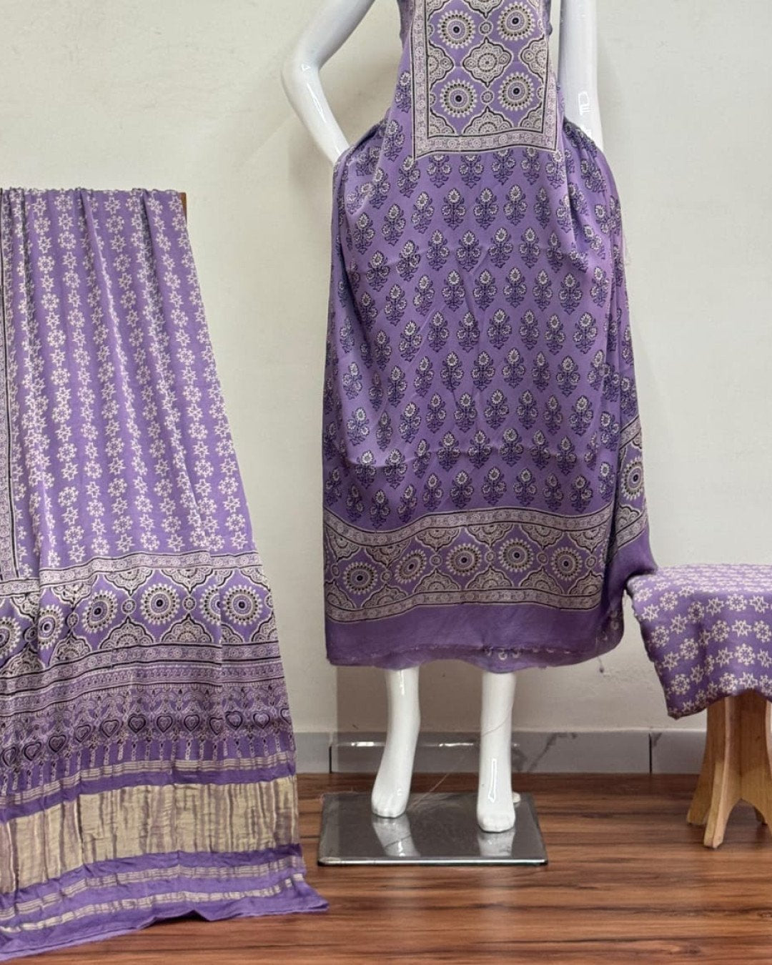 TAS Auto Crop Lower - Havi Modal Silk Ajrakh Neptol Dye Discharge Print Panel Suit 09