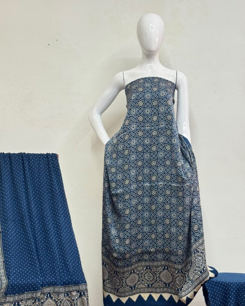 TAS Auto Crop Upper - Havi Modal Silk Ajrakh Neptol Dye Discharge Print Panel Suit 11
