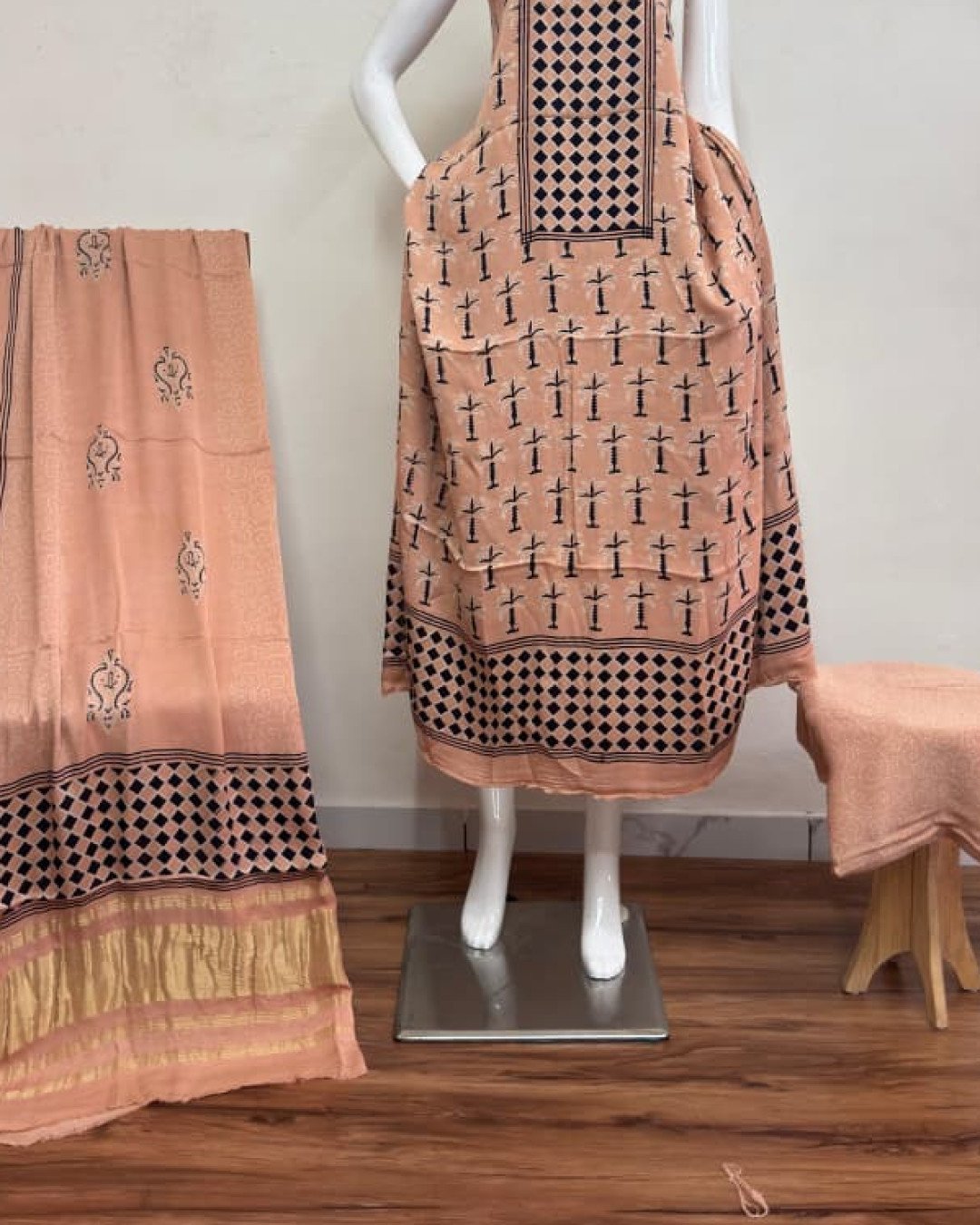 TAS Auto Crop Lower - Havi Modal Silk Ajrakh Neptol Dye Discharge Print Panel Suit 15
